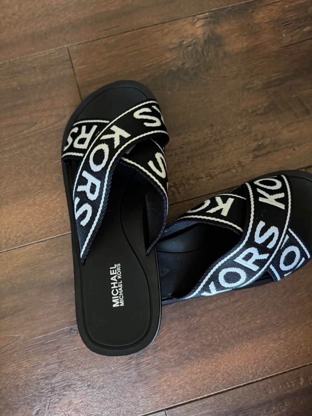 Michael Kors Black and White Crisscross Logo Slides